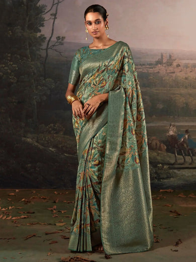 Enchanting Teal Green Floral Printed Silk Event Wear Saree With Blouse